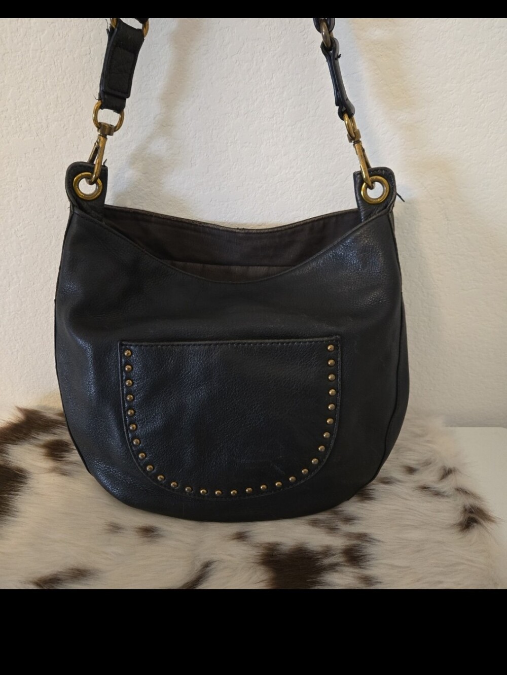 The Sak Classic Black Leather Shoulder Bag with Studded Pocket